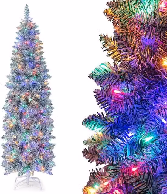Gymax 6ft Pre-Lit Slim Christmas Tree with 475 Tips and 250 Colourful Lights in Green – 1