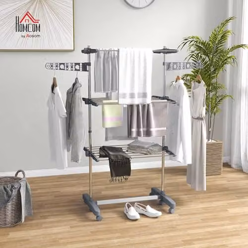 HOMCOM 3-Tier Foldable Clothes Airer with Wheels in Grey, W/D/H: 55 x 142 x 152 cm – 2