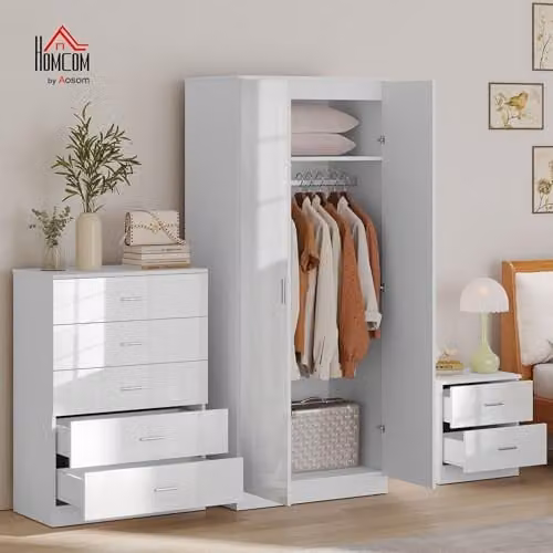HOMCOM 3 Piece High Gloss Modern Bedroom Furniture Set in White – 1