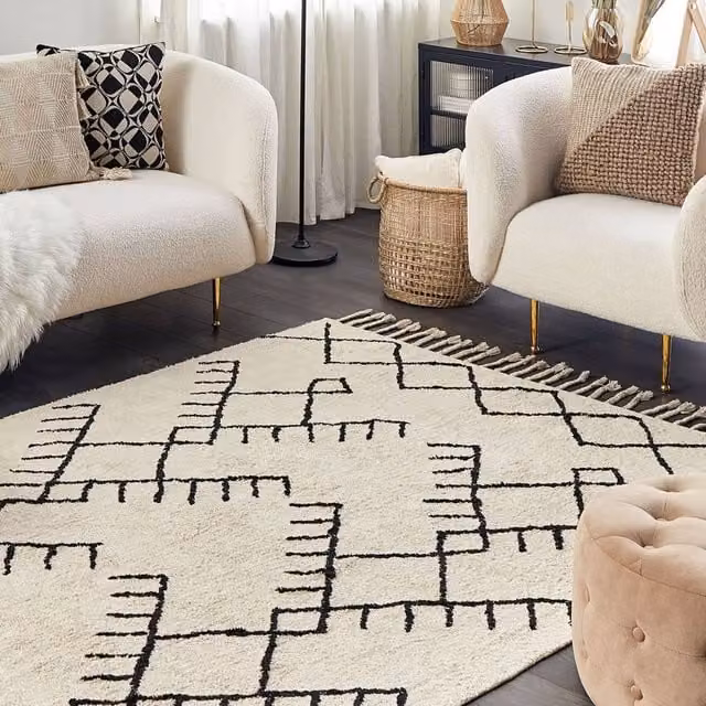 Wyld and Coco Beige and Black Geometric Cotton Rug with Tassels, W: 140 cm, L: 200 cm