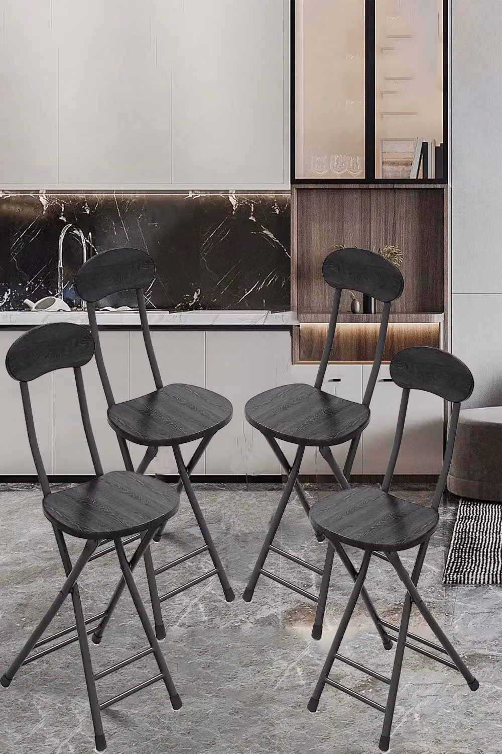 Living and Home Set of 4 Black Compact Wooden Folding Dining Chairs with Metal Legs – 3