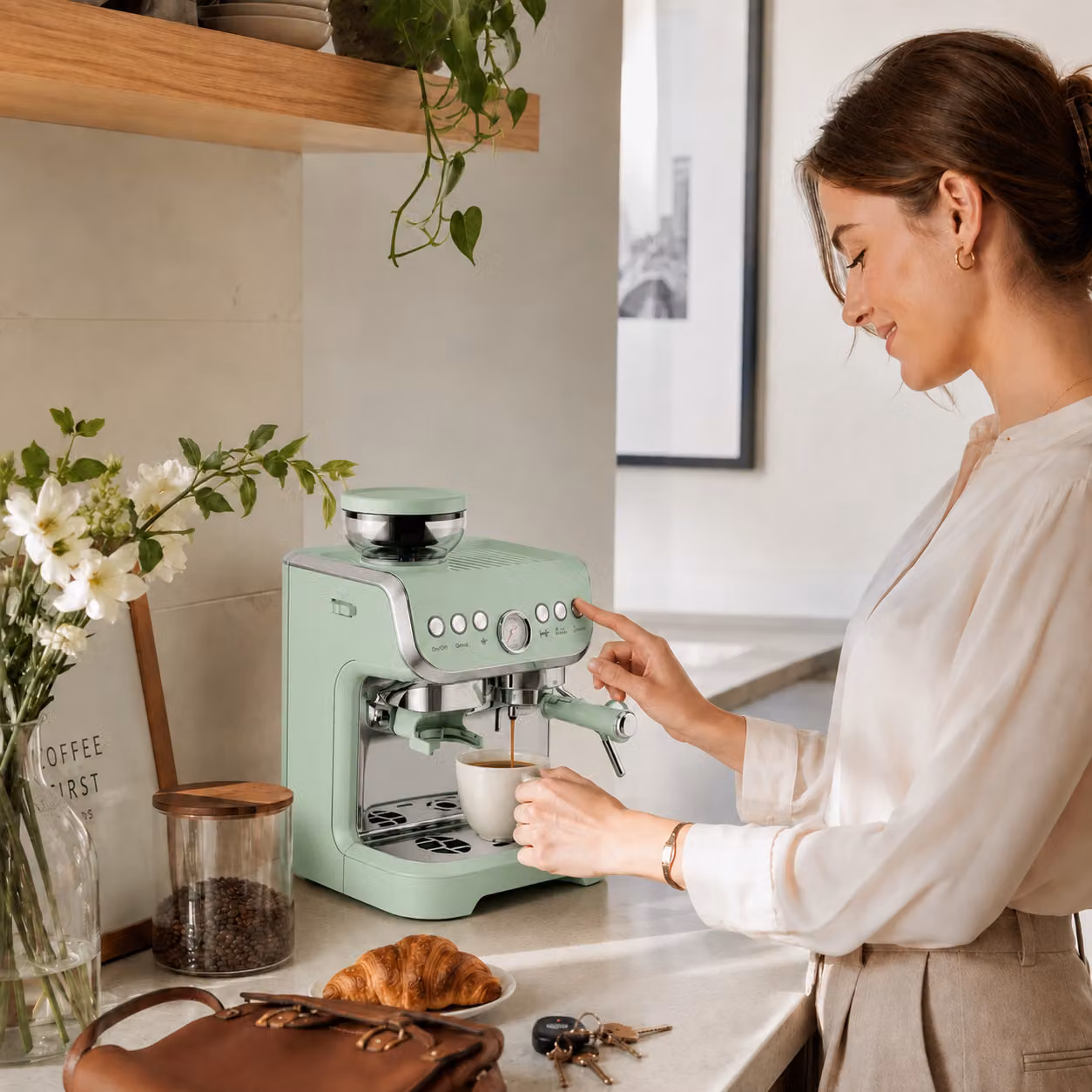 HOMCOM Bean to Cup Coffee Machine with Integrated Grinder and Steam Wand, Light Green – 2