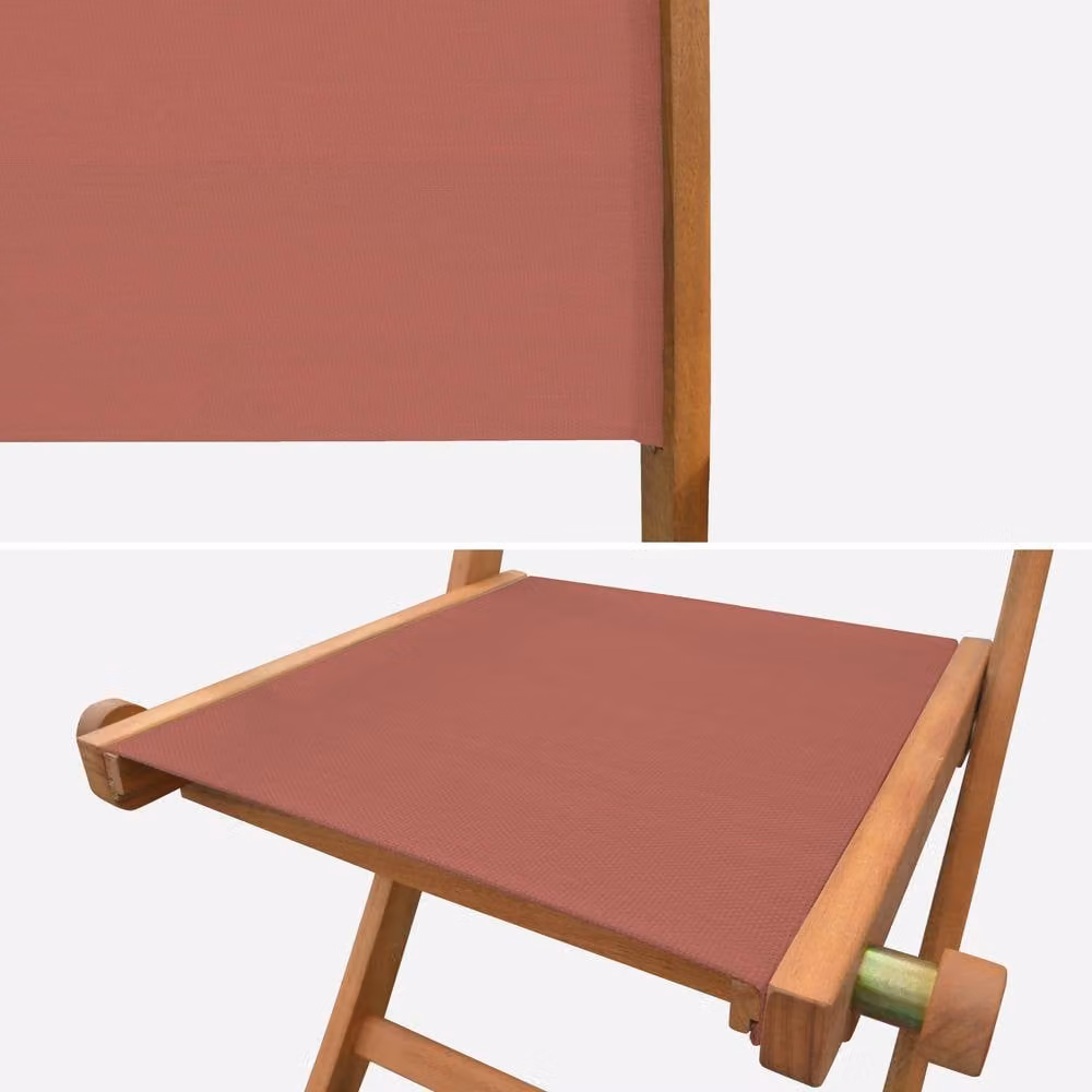 Sweek Pair of Foldable Wooden Garden Chairs in Terracotta with Grey Textilene Fabric and Armrests – 3
