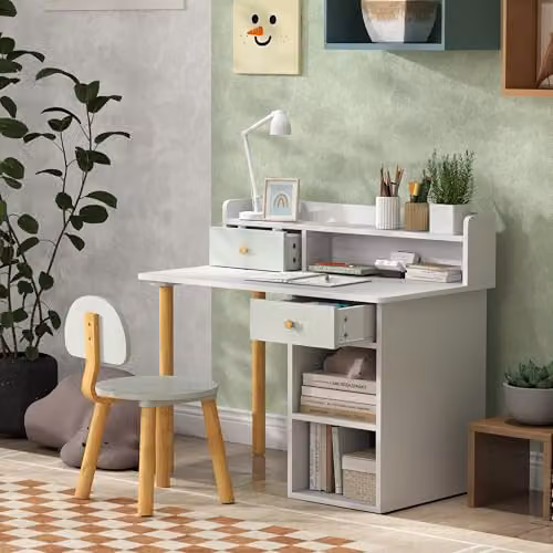AIYAPLAY Kids Desk and Chair Set with Hutch and Drawer, Green and White, Ages 3-8 Years – 3