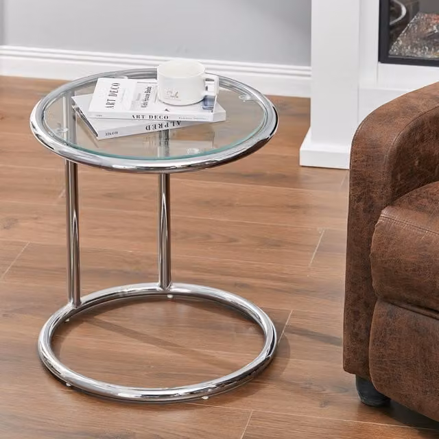 Livingandhome Modern Round Tempered Glass Coffee Table with Chrome Central Column in Silver and Transparent