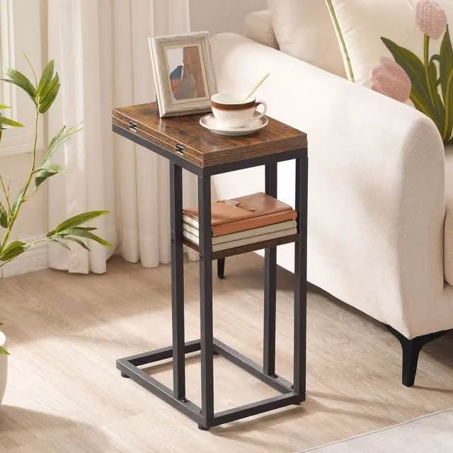 FORGEVIO C Shaped Foldable Side Table with Rustic Brown and Black Metal Finish