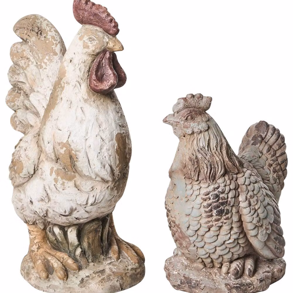 Wyld and Coco Beige Chicken Figurine Set of 2 Rustic Rooster and Hen Garden Statues – 2