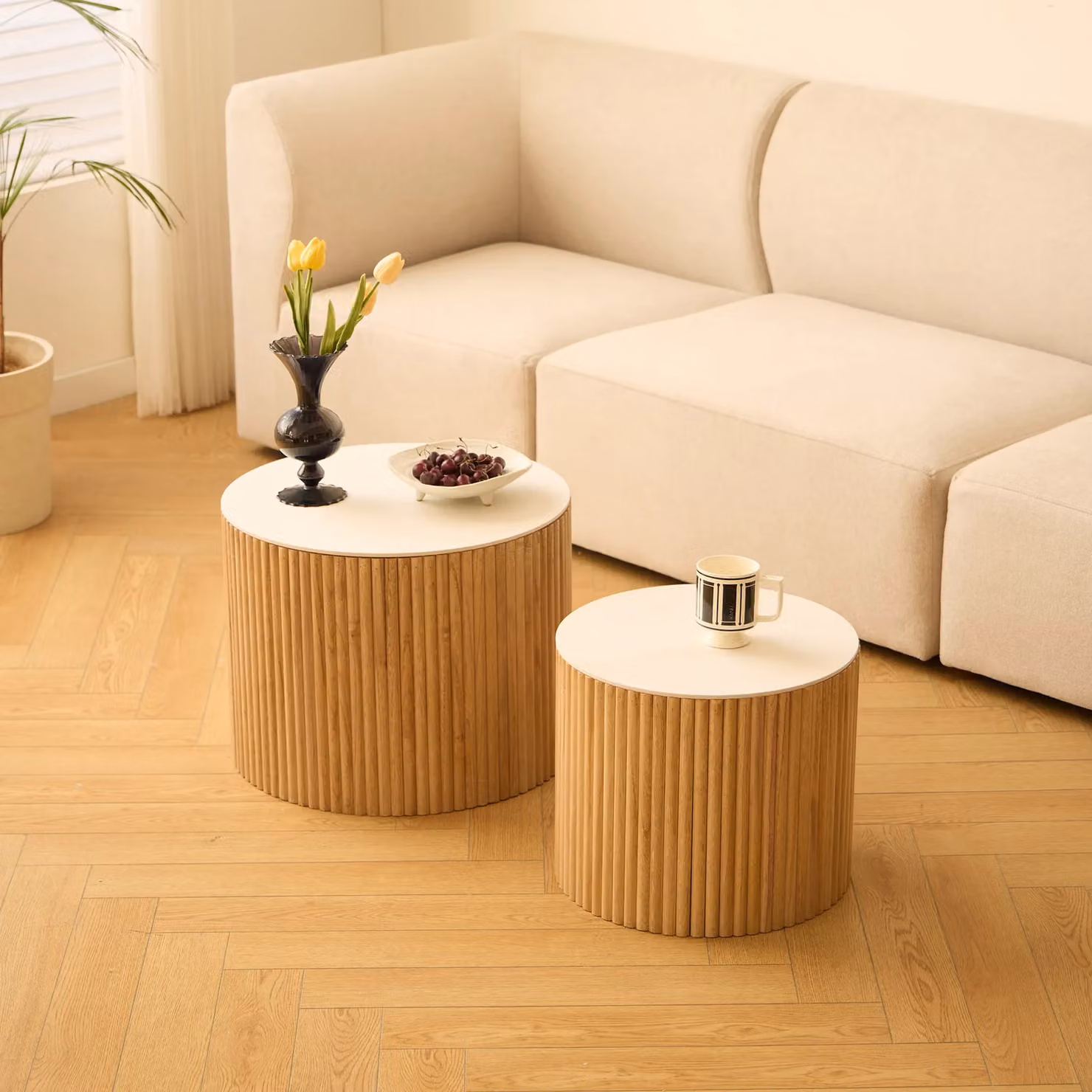 YATOMI Set of 2 Nordlys Round Wooden Coffee Tables in Brown Ash with Nested Tops – 2