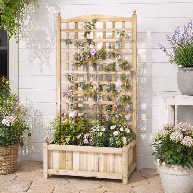 STILVORA Garden Planter with Trellis in Brown Wood, W/D/H: 120 x 64 x 28 cm
