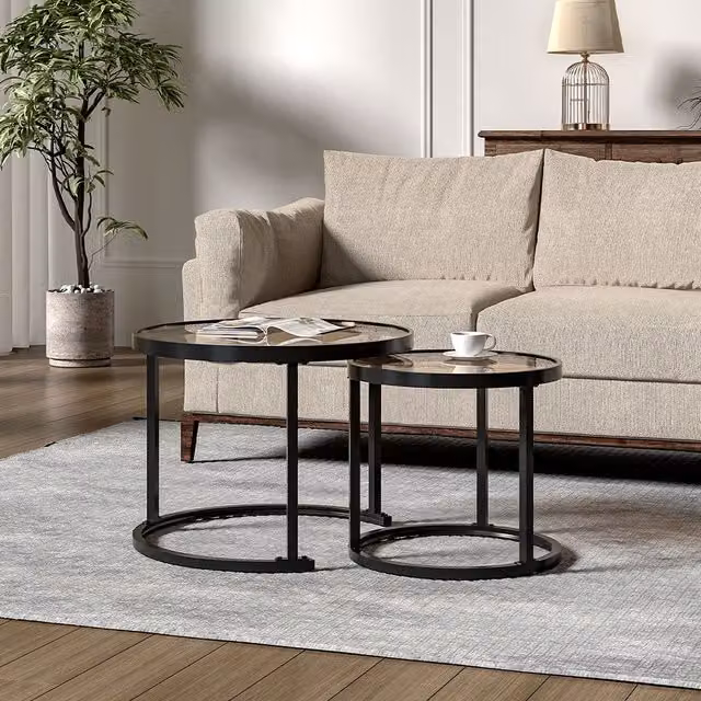 Livingandhome Set of 2 Round Glass Nesting Tables with Black Steel Legs