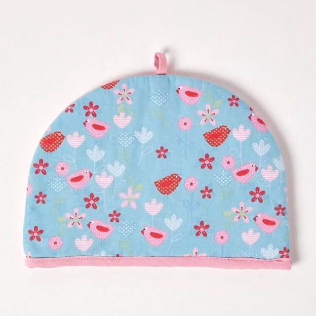 Homescapes Tea Cosy Double Design Birds and Flowers Teapot Warmer in Blue