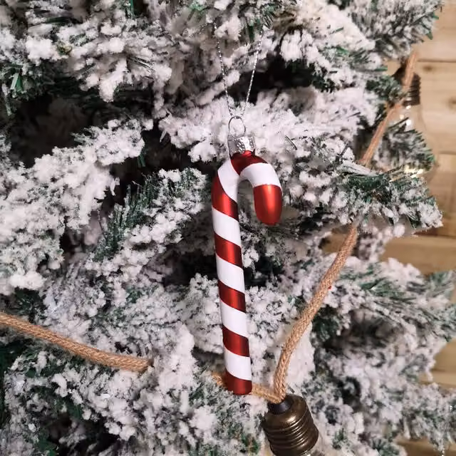Samuel Alexander Set of 6 Striped Glass Christmas Tree Pendant Decorations in Red, White and Silver, 12 cm – 1
