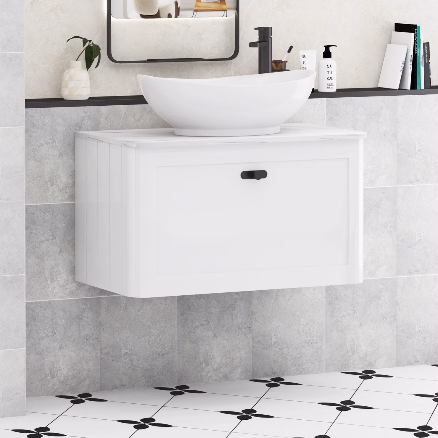 Royal Bathrooms Henley 800mm Gloss White Wall Hung Vanity Unit with Amaze Basin and Matt Black Knob