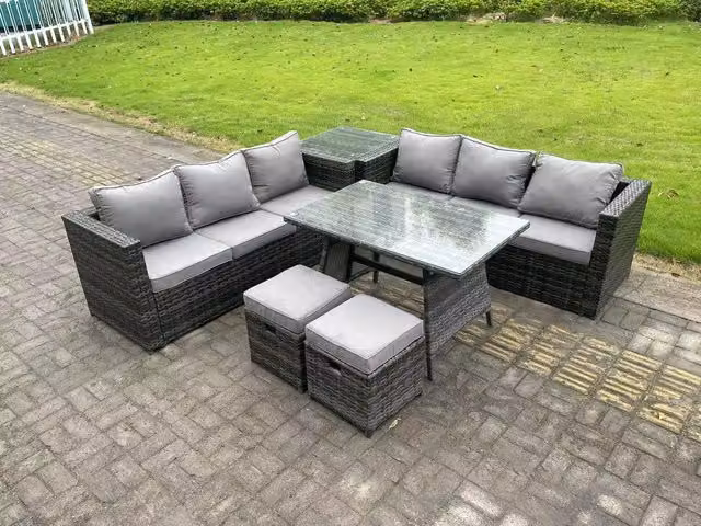Fimous 8 Seater Wicker PE Rattan Garden Dining Set with Sofa, Side Table, Dining Table and Stools in Dark Grey