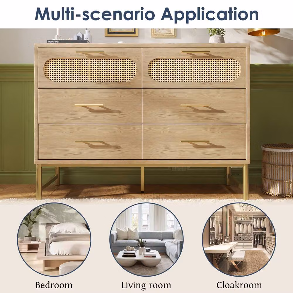 Merax Oak Rattan Chest of Drawers with Six Drawers in Natural Beige – 4