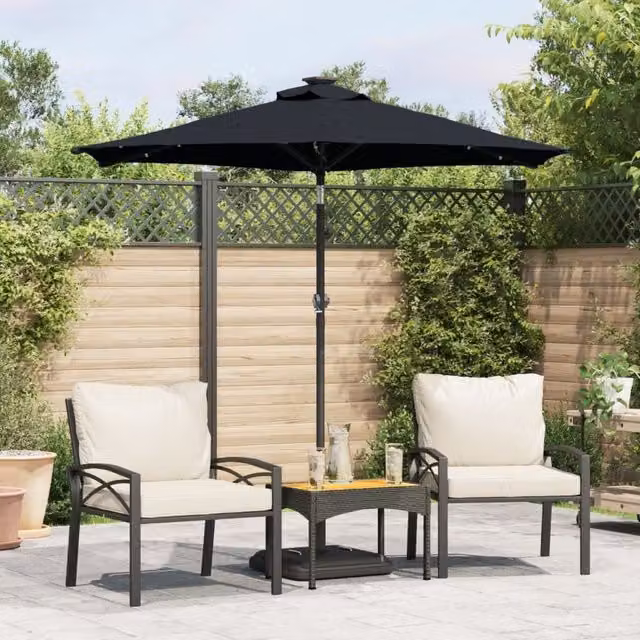 Berkfield Home Garden Parasol with LEDs and Steel Pole, Black, W/D/H: 225 x 225 x 212 cm – 1