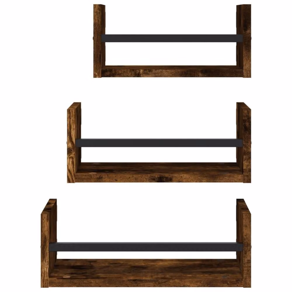 Berkfield Home 3 Piece Wall Mounted Industrial Shelf Set with Bars in Smoked Oak Brown – 4