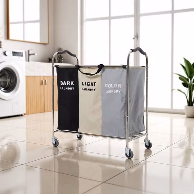 Komore Three-Section Metal Laundry Basket Trolley Cart with Wheels and Handles, Black and Multicolour