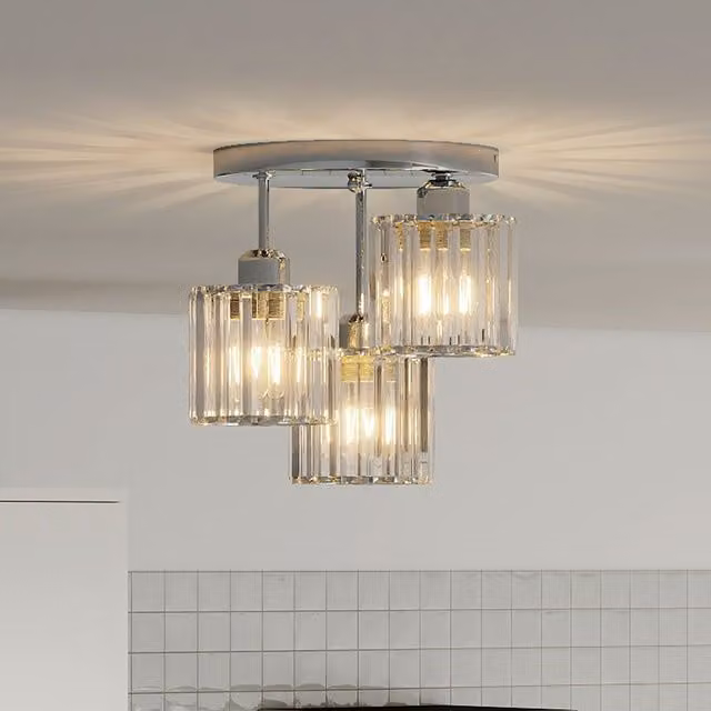 Emitto Modern Crystal Semi Flush Ceiling Light in Grey and Chrome with 3 x E27 Bulbs