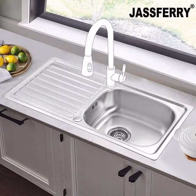 JASSFERRY Reversible Stainless Steel Kitchen Sink with Drainer in Silver, W/D/H: 86.0 x 43.5 x 16.0 cm