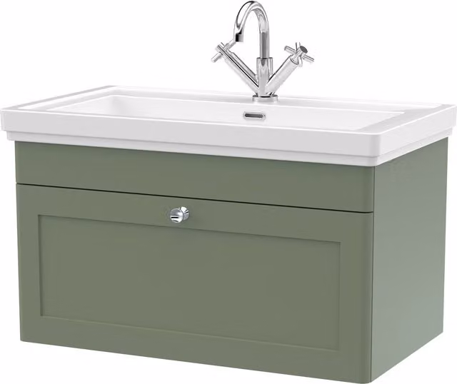 Balterley Wall Hung 1-Drawer Bathroom Vanity Unit and Fireclay Basin, Green, W: 80 cm – 1