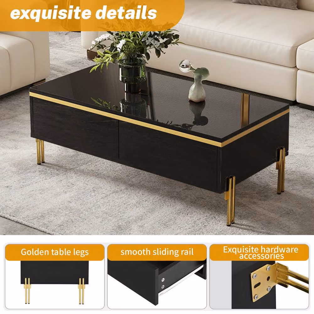 ModernLuxe High Gloss Rectangular Coffee Table with Drawers in Black and Gold – 4
