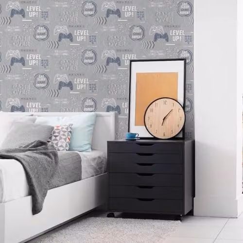 Fresco Game Over Grey and Blue Typography Childrens Wallpaper Roll – 2