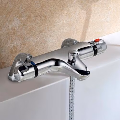 Nes Home Chrome Brass Deck Mounted Thermostatic Bath Shower Mixer Tap with Safety Stop and Shower Set – 1