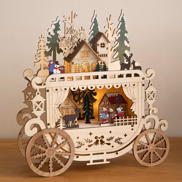 Samuel Alexander Rustic Wooden Christmas Carriage Village with Multicolour Warm White LEDs, Height: 25 cm – 1