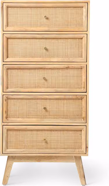 Venice Tall 5 Drawer Chest Unit in Mango Wood and Rattan, Neutral Brown