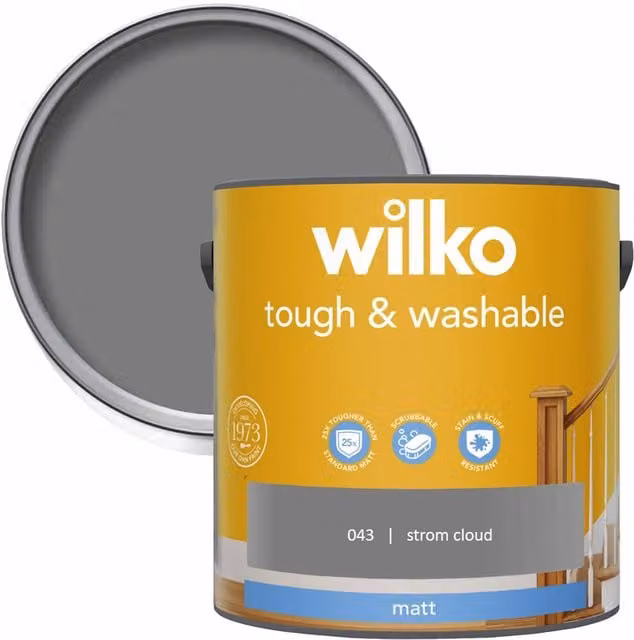 wilko Tough and Washable Matt Emulsion Paint, Grey, 2.5 l