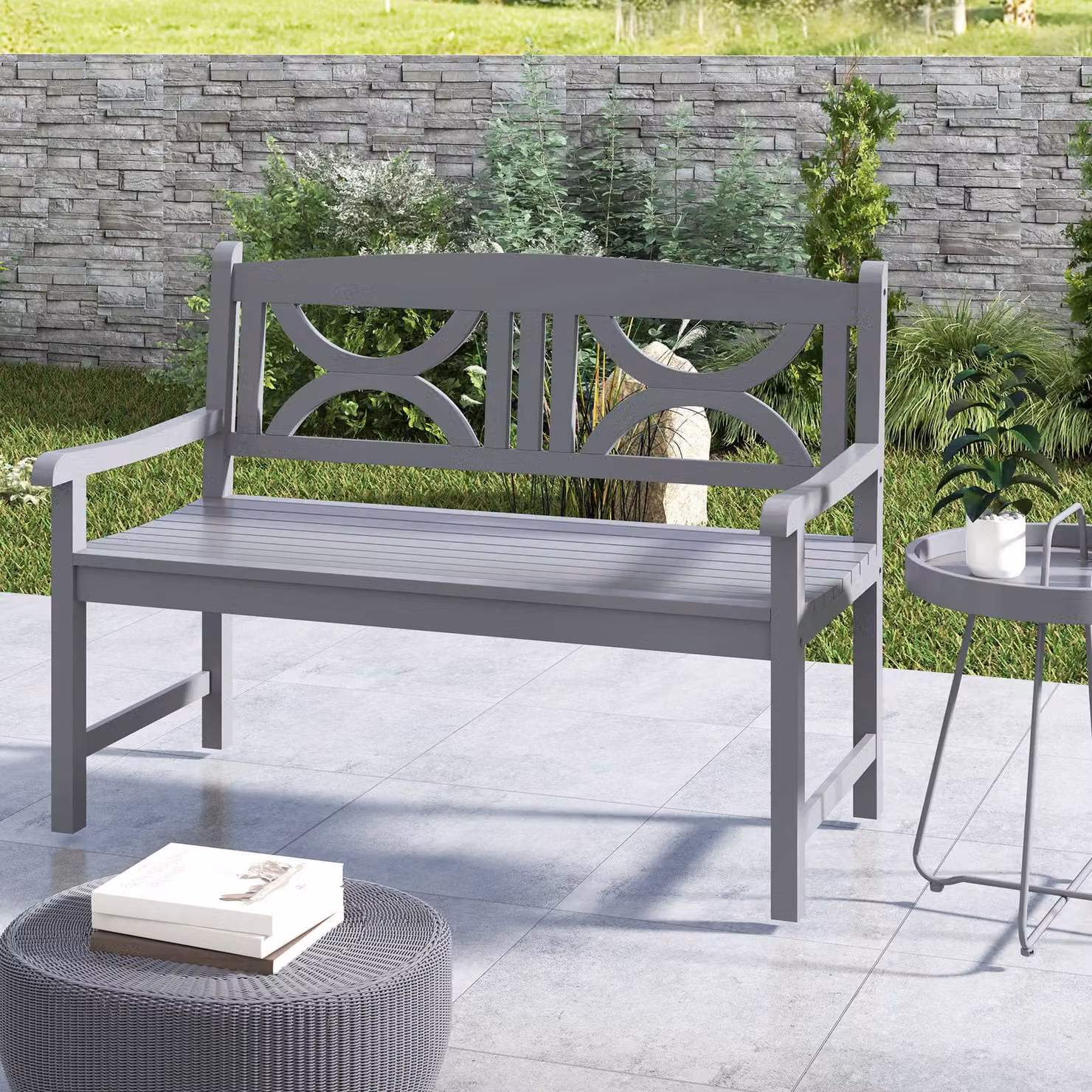 Outsunny 2-Seater Wooden Garden Bench with Armrests, Grey – 7