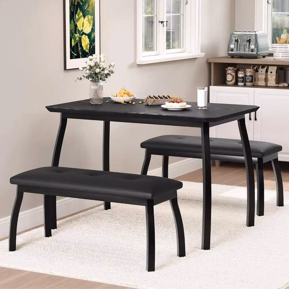 KORVIXA 3 Piece Modern Square Dining Table and Bench Set in Matt Black, W/D/H: 100 x 100 x 76 cm – 4