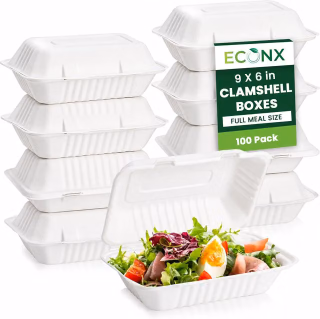ECONX 100 Pack White Disposable Bagasse Clamshell Takeaway Food Boxes with 1 Compartment