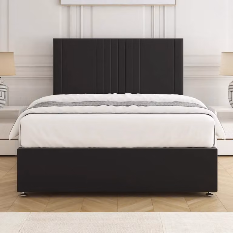 BSSPOKE Monaco Plush Velvet Divan Bed with 24 inch Headboard in Black, Single, W/D/H: 90 x 190 cm