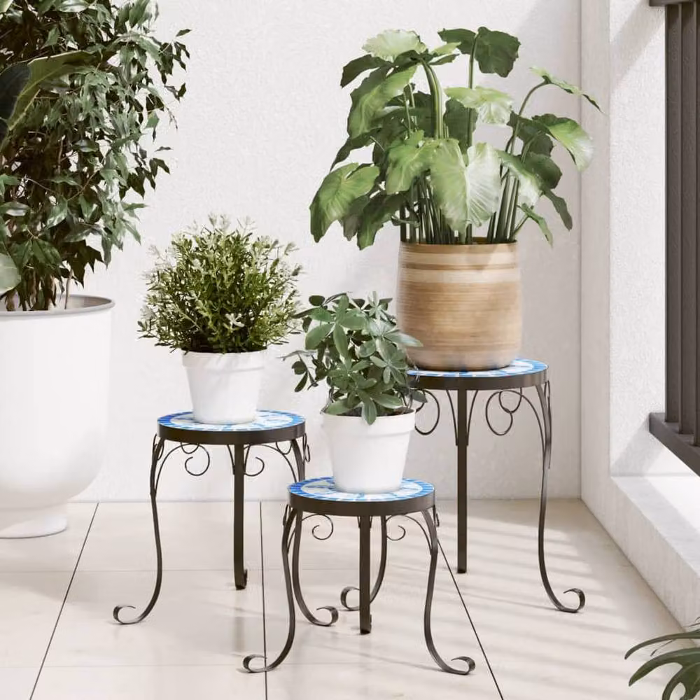 Berkfield Home Set of 3 Blue and White Ceramic and Metal Tabletop Plant Stands – 2