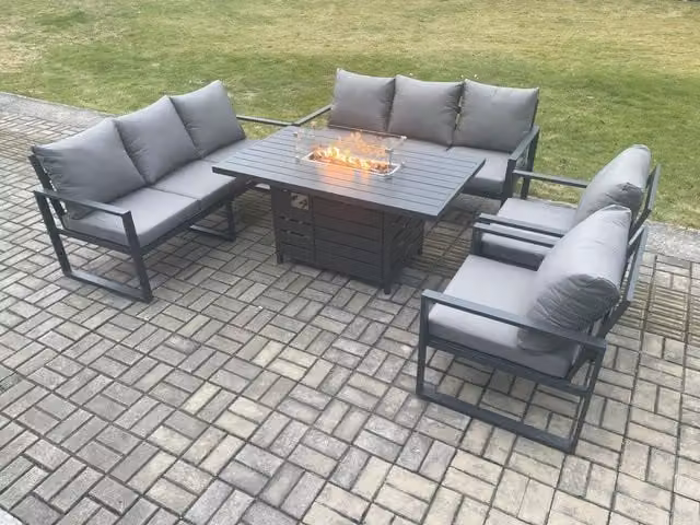 Fimous 8 Seater Aluminium Garden Furniture Set with Gas Fire Pit Dining Table and Cushions in Dark Grey