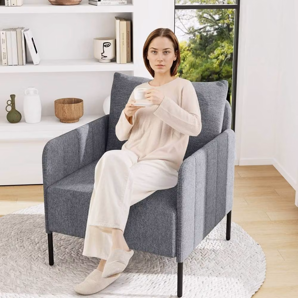 VOGREX Grey Fabric Modern Living Room Sofa Chair with Armrests and Metal Frame – 3