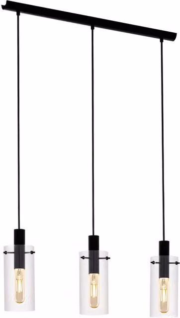 Loops Black 3 Bulb Pendant Ceiling Light with Transparent Glass Shades and E27 Sockets