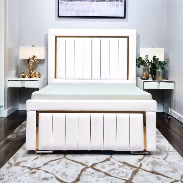 UK Bed Furniture Princess Upholstered Slatted Base Bed with 48 Inch Panel Headboard in White, Size: 90 x 190 cm