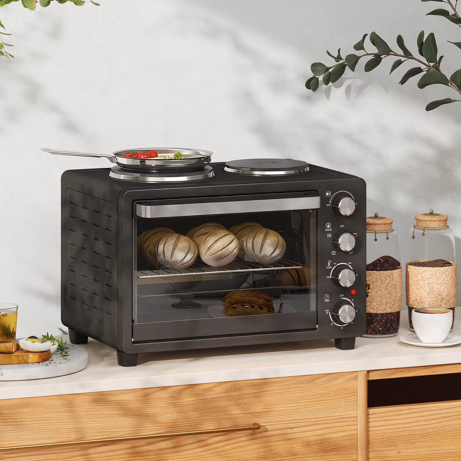 HOMCOM 28L Mini Oven with 2 Hot Plates and Grill, 2600W Countertop Toaster Oven in Black – 2
