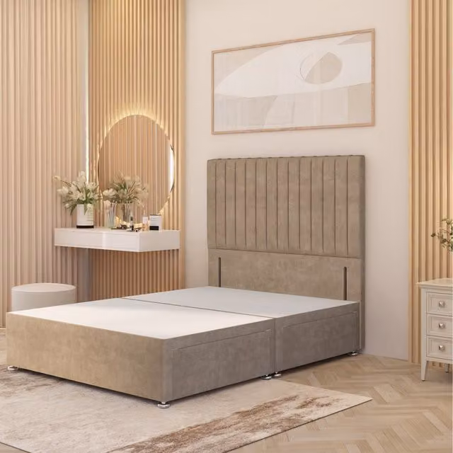Somnior Beds Ltd Verona Divan Bed Base with Drawers and Floor Standing Headboard in Beige Plush Velvet, W/D/H: 180 x 200 cm