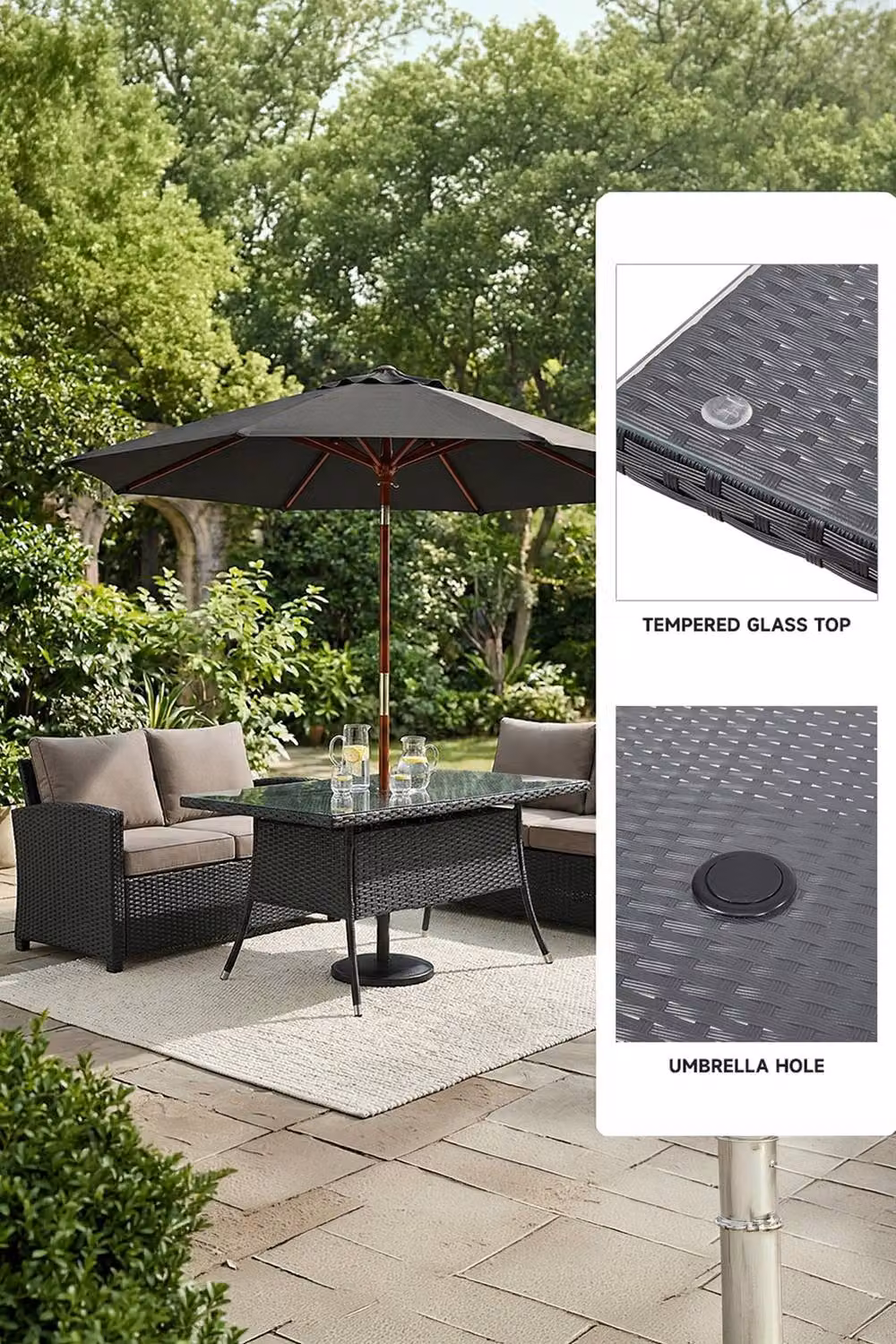 Garden Sanctuary Black Rattan Rectangular Garden Table with Tempered Glass Top and Parasol Hole, W/D/H: 120 x 72 x 90 cm – 2