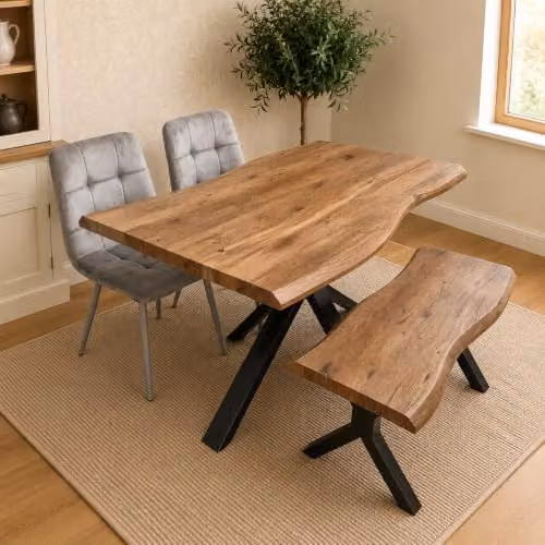 Kosy Koala Rustic Brown Wooden Effect Dining Set with X-Frame Table, 2 Grey Velvet Chairs and Bench