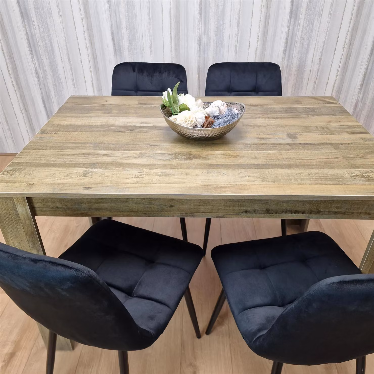 KOSY KOALA Dining Table and 4 Black Velvet Chairs Set, Brown Rustic Effect Rectangular Table, W/D/H: 160 x 80 x 75 cm – 4