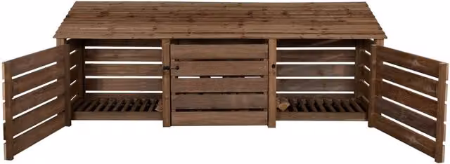 Arbor Garden Solutions Slatted Triple Bay Wooden Log Store with Door in Brown, W: 126 cm, H: 88 cm