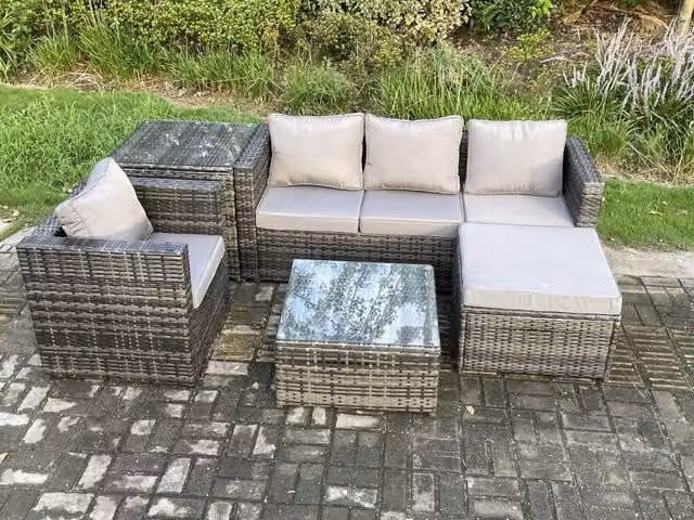 Fimous 5 Seater Rattan Garden Furniture Set in Dark Grey with 3 Seater Sofa, Coffee Table and Ottoman