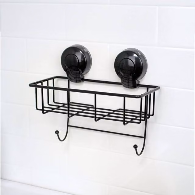 Showerdrape Suctionloc Black Rectangular Wall Mounted Suction Basket with Mounting Discs