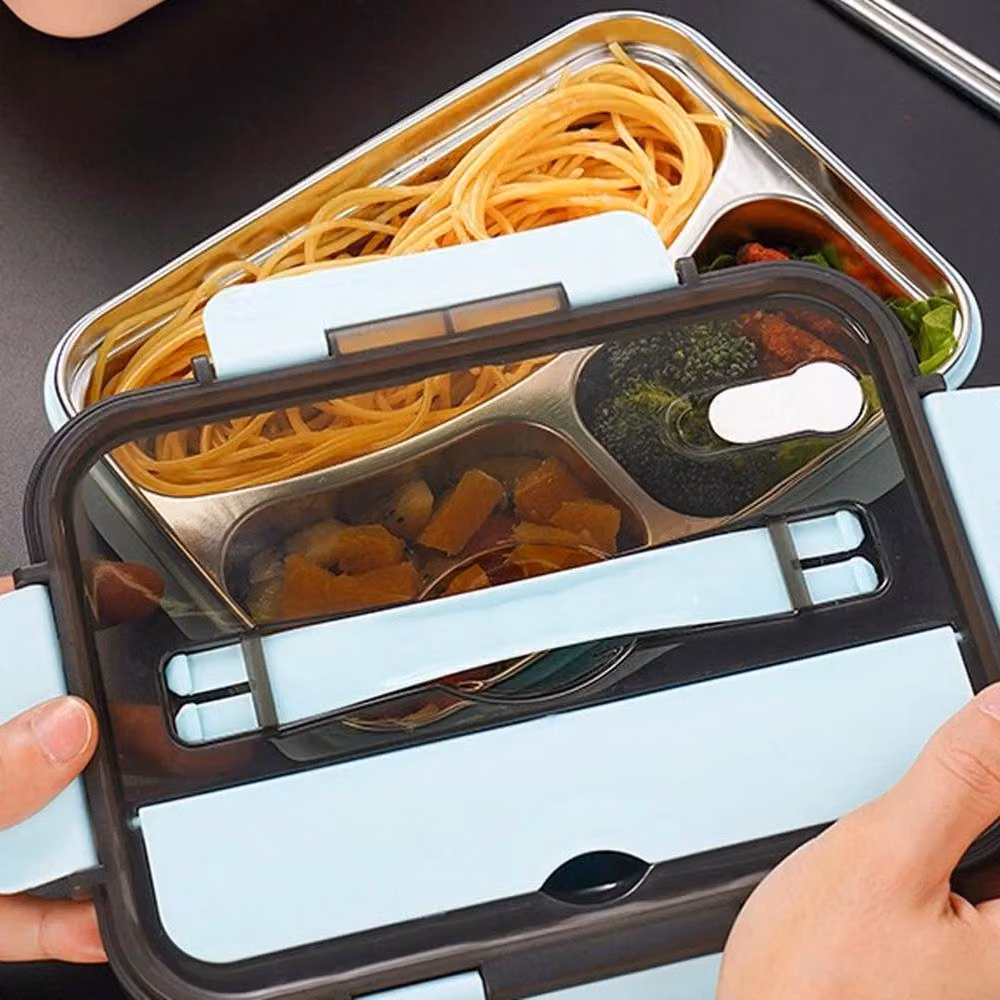 SPETLEK Insulated Blue Bento Lunch Box with Triple Grid Stainless Steel Compartments, Leakproof and Dishwasher Safe – 4