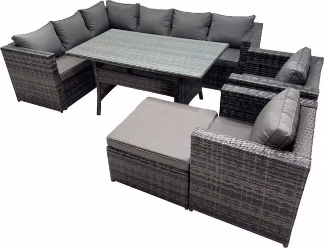 Fimous Outdoor PE Rattan Sofa Set with 2 Chairs and Large Stool in Dark Grey – 1